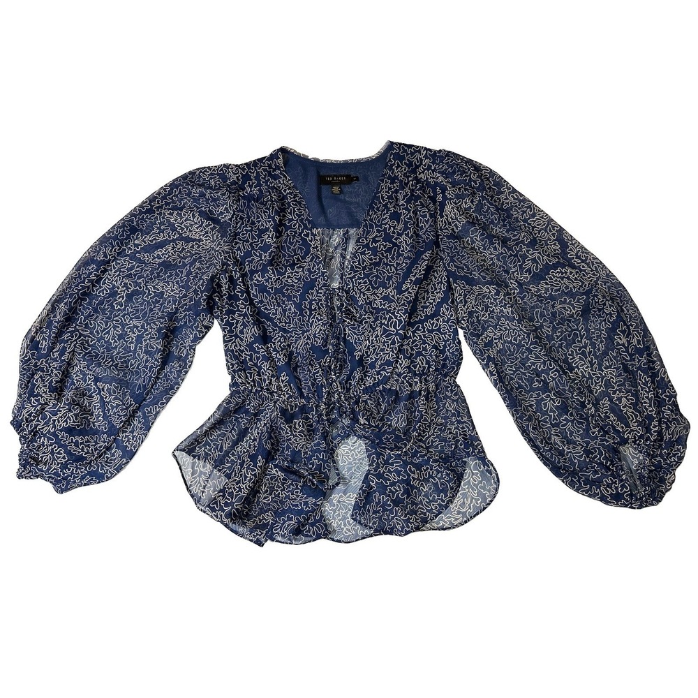 TED BAKER Women US 4 Blue Cream Sheer‎ Blouse Tie Front Balloon Sleeves Romantic
